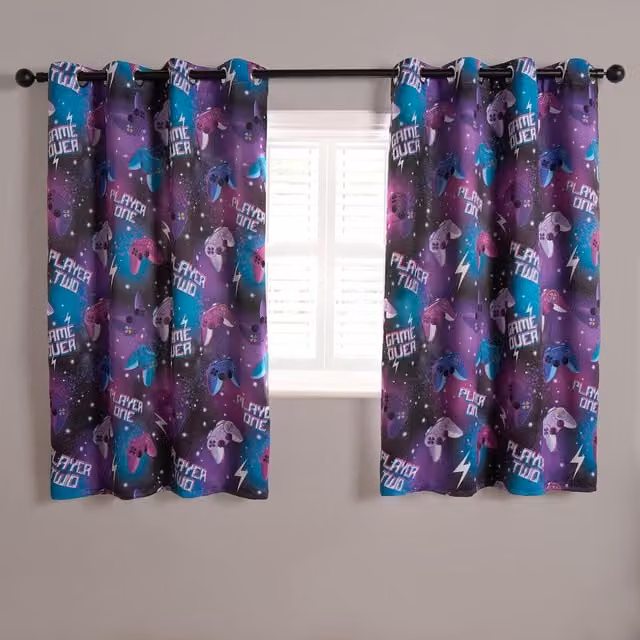 OHS Kids Gaming Thermal Insulating Blackout Eyelet Curtains in Neon Graphic Design