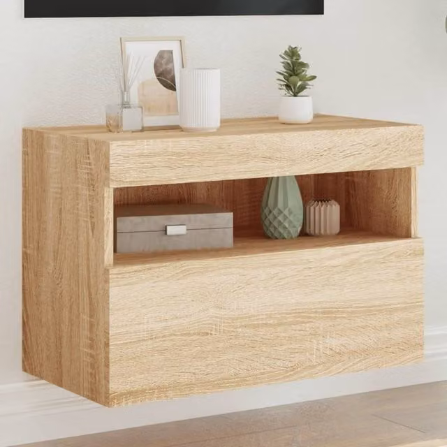Berkfield Home Modern Wall-Mounted TV Cabinet with Integrated LED Lights in Sonoma Oak Brown, W: 60 cm, D: 40 cm, H: 40 cm