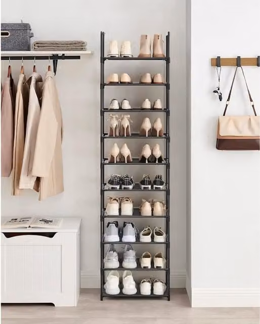 The Bazaarist 10-Tier Slim Shoe Tower Rack with Metal Frame and Fabric Shelves in Black