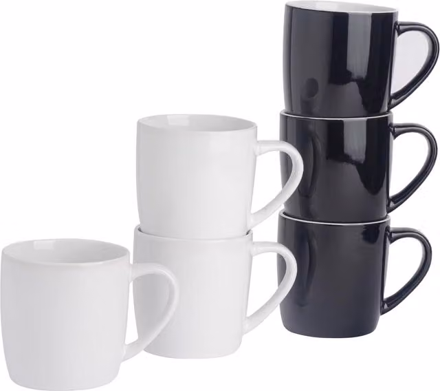 Argon Tableware Set of 6 Two-Tone Stoneware Coffee Mugs, Black and White, 350ml