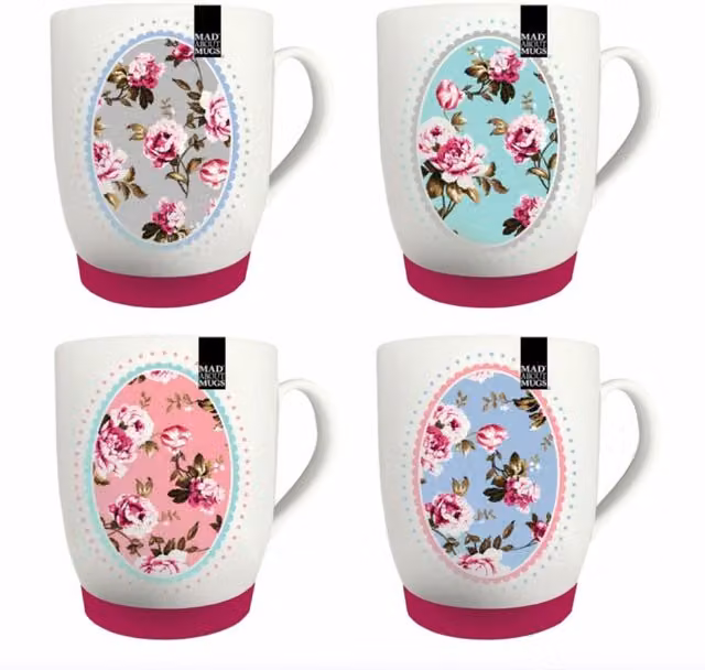 RSW Set of 4 White and Multicolour Floral Bone China Mugs with Silicone Bases