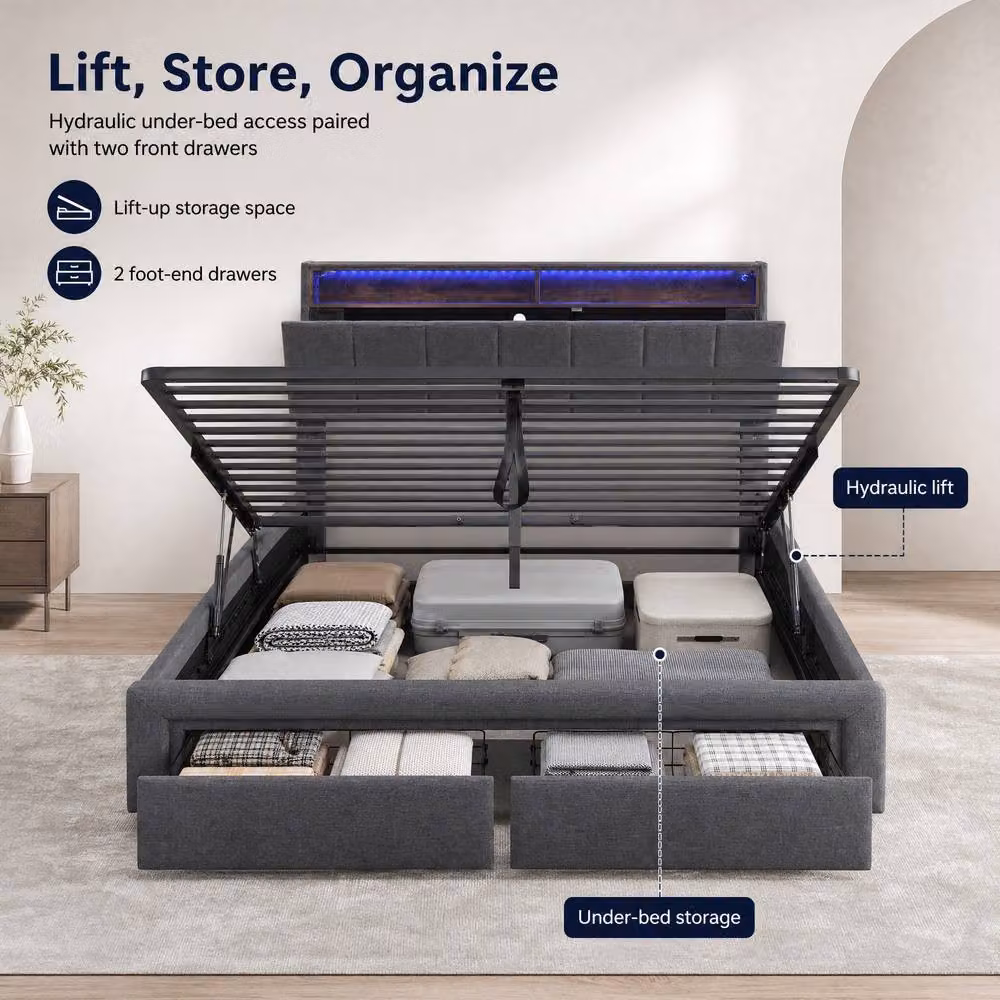 STILVORA Grey Fabric Ottoman Bed with Storage, LED Lighting and USB Charging Station, W/D/H: 180 x 200 x 112 x 162 cm – 4