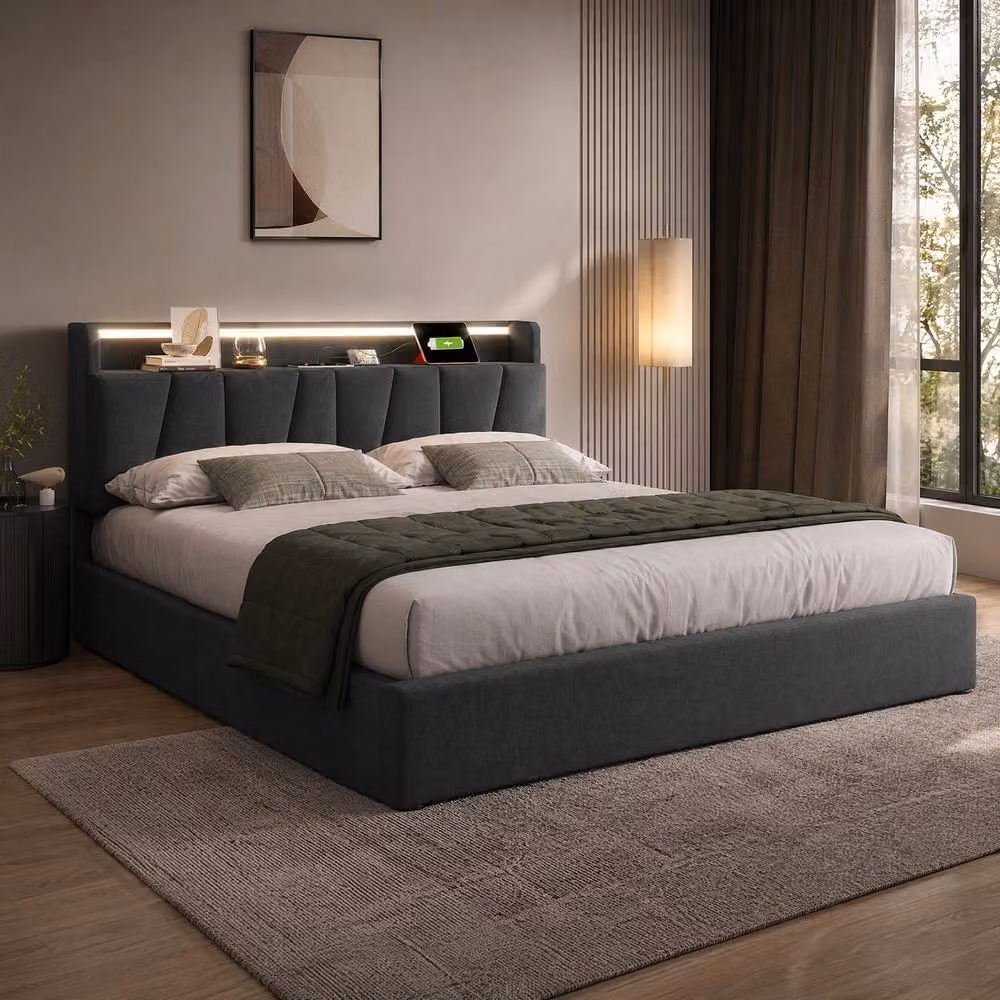 STILVORA Grey Fabric King Bed Frame with LED Lighting, USB Charging Ports and Lift-Up Storage Base – 2