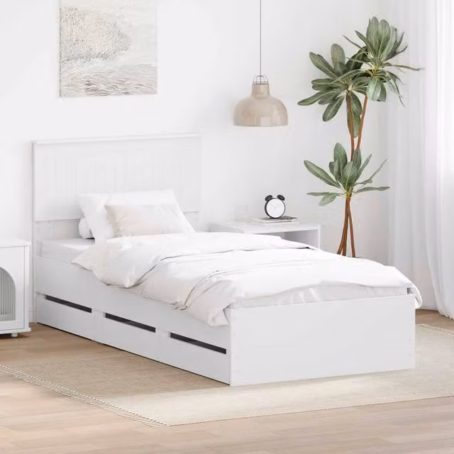 Berkfield Home Modern White Bed Frame with Drawers, Engineered Wood, W/D/H: 90 x 200 cm