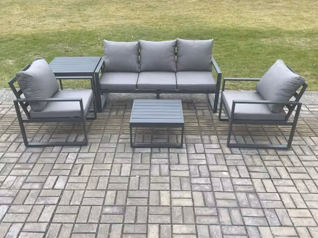 Fimous Modern Powder Coated Aluminium Outdoor Garden Furniture Set in Dark Grey with Upholstered Cushions, 3-Seater Sofa, 2-Seater Sofa, Coffee Table and Side Table