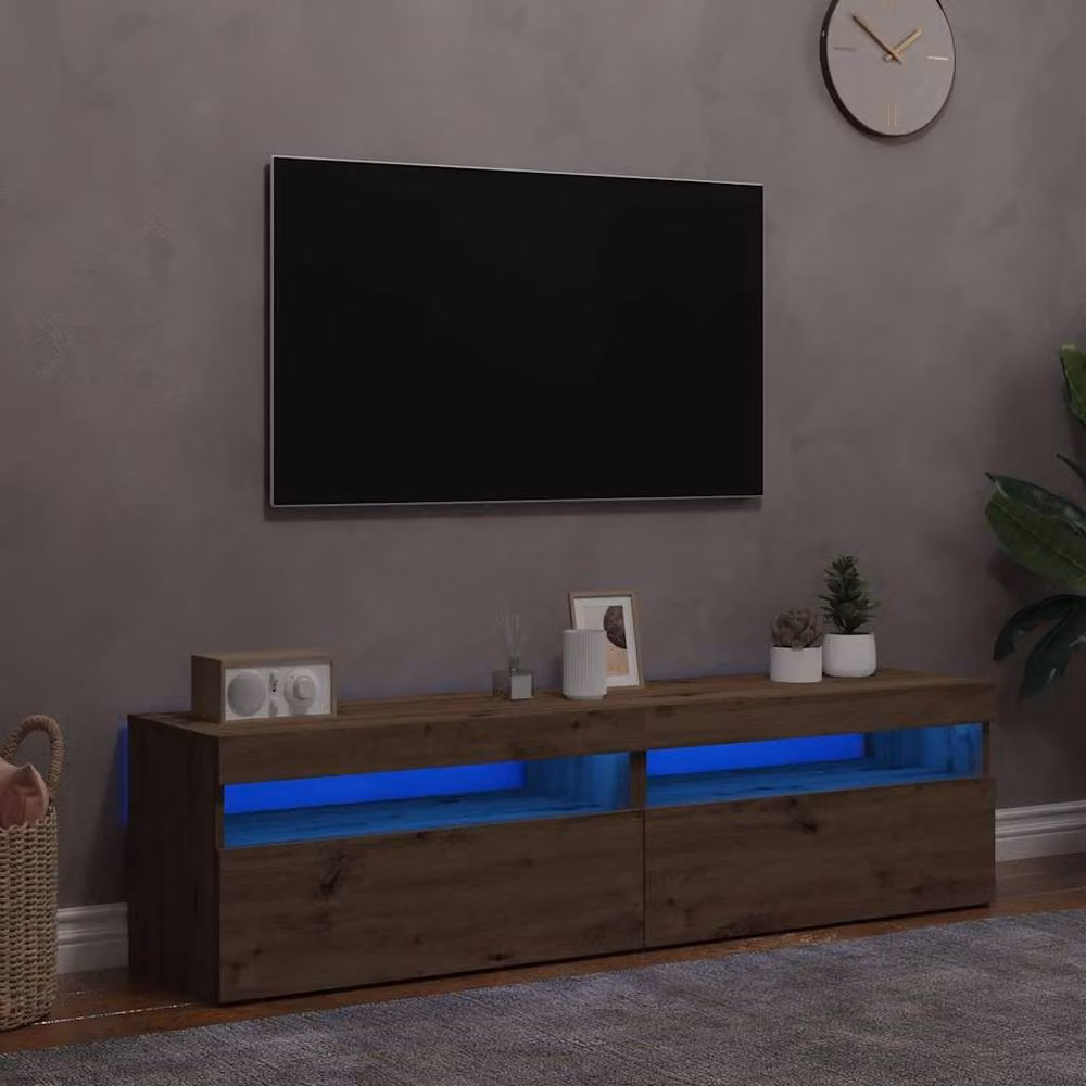 Berkfield Home Set of 2 Artisan Oak TV Cabinets with LED Lights in Light Brown – 2