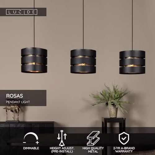 Lucide Rosas Black Metal Pendant Light, Height Adjustable, 3 x E27 – 2