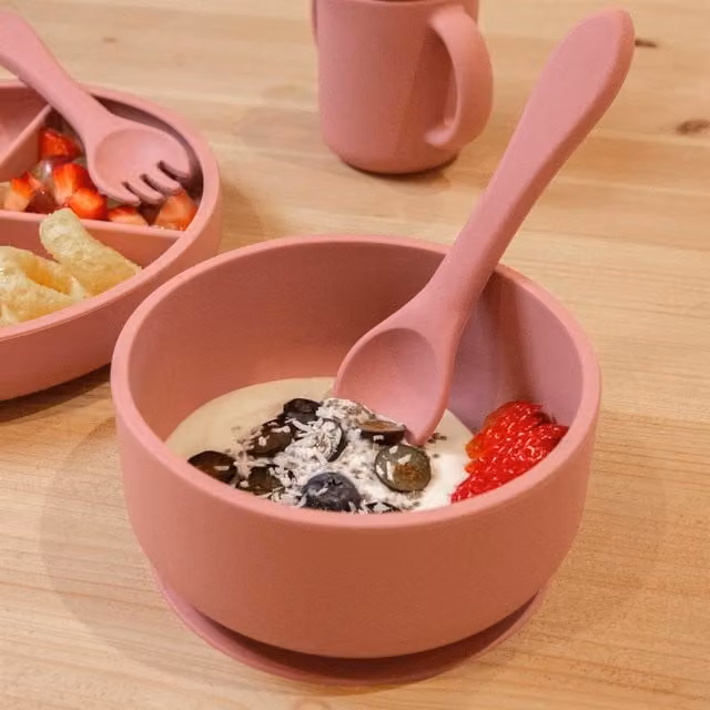 Tiny Dining Silicone Suction Cereal Bowl and Spoon Set in Pink
