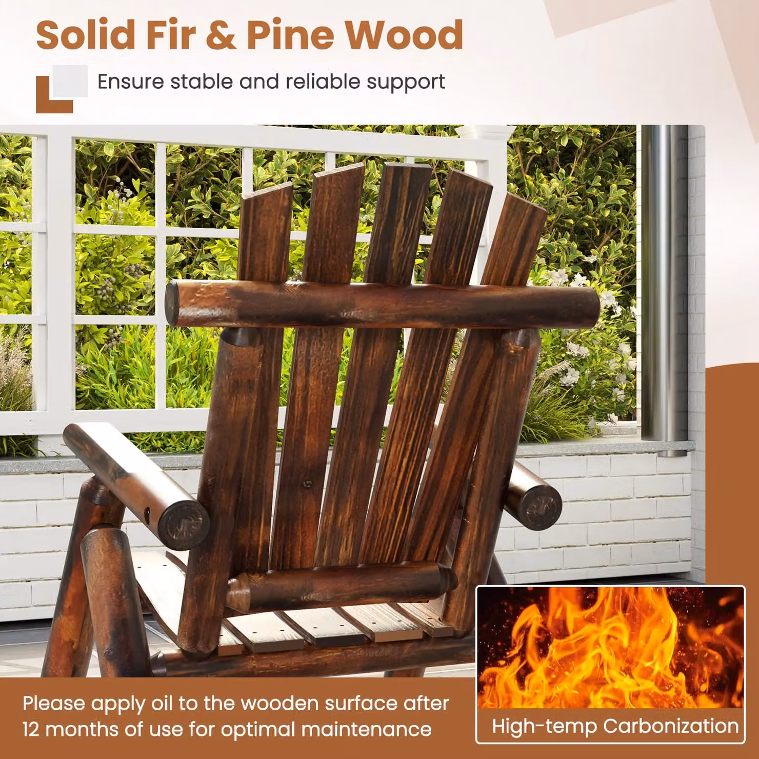 Costway Outdoor Adirondack Rocking Chair for Adults in Brown Solid Wood – 4
