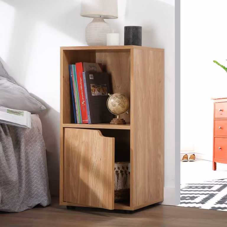 CALICOSY Set of 2 Bedside Tables with 2 Compartments and 1 Door in Light Brown Wood Finish