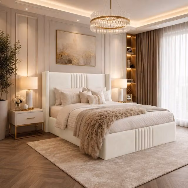 Desire Deco Brookes Luxury Wingback Upholstered Bed Frame in Yellow and Beige, 180 x 200 cm