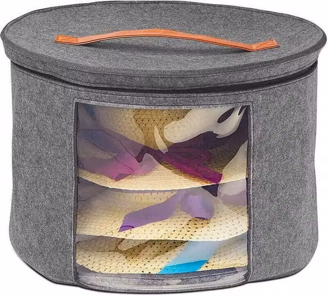 FLAVORA Extra Large Round Hat Storage Box in Grey and Transparent, Foldable Fabric and Acrylic Design, Diameter: 50 cm