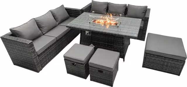 Fimous 9 Seater Rattan Garden Furniture Firepit Dining Set with Lounge Sofa, Table and 3 Footstools in Dark Grey – 1