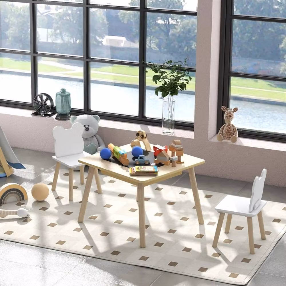 FORGEVIO 3-Piece Toddler Table and Chairs Set in White and Multicolour Wood – 3