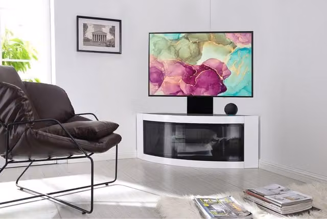 Centurion Supports Pangea Corner TV Stand with Mounting Arm in Black and White