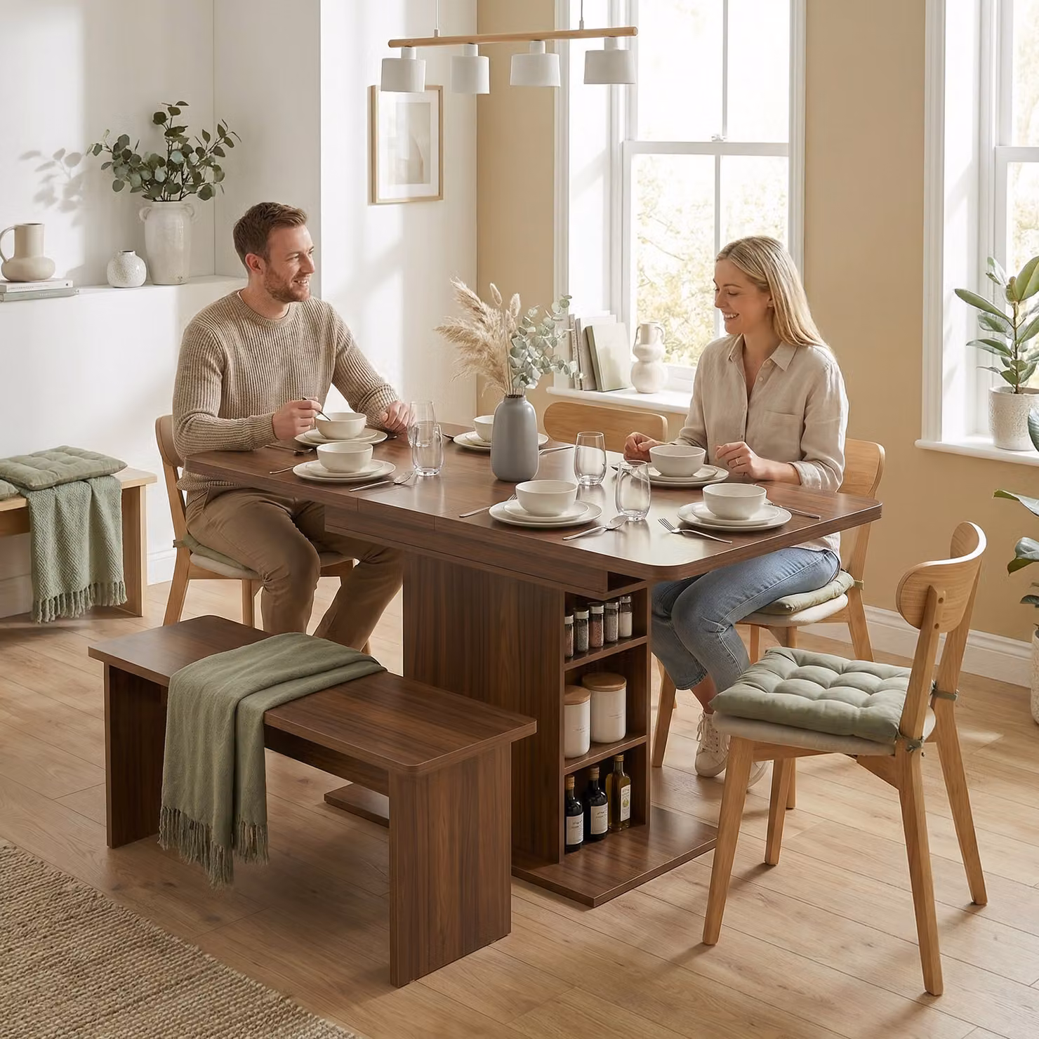 HOMCOM Extendable Rectangular Dining Table with 6 Open Shelves, Brown – 2