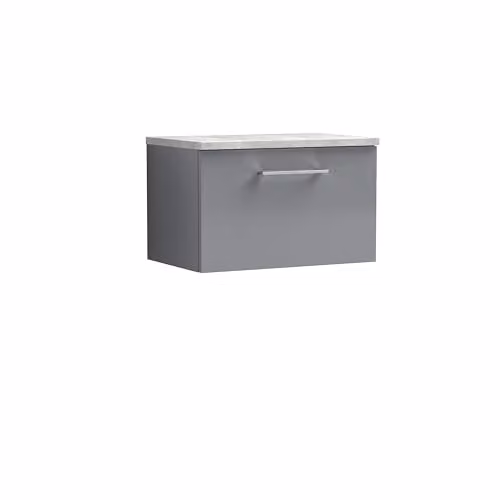 Balterley Wall Hung Grey Bathroom Vanity Unit with Single Soft Close Drawer and Rectangular Laminated Worktop, W: 60.5 cm, D: 39.0 cm, H: 38.1 cm