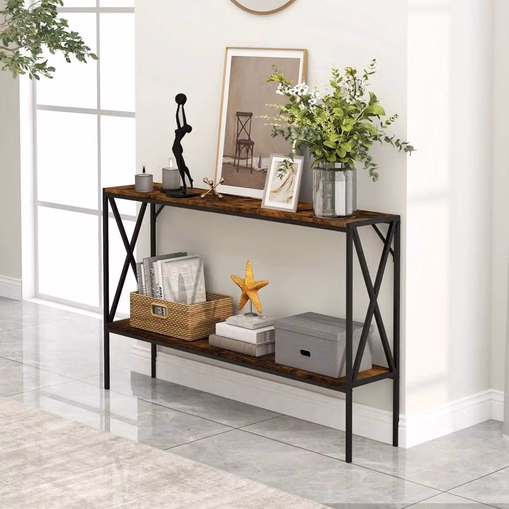Havendro 2-Tier Industrial Narrow Sofa Table in Brown and Metal, W/D/H: 120 x 23 x 74 cm – 3