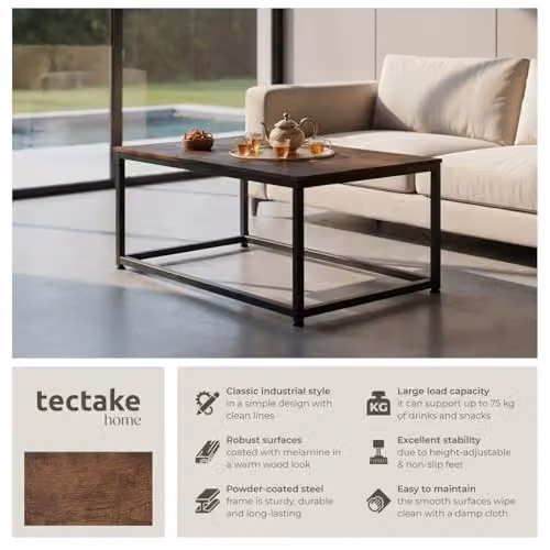 tectake Lynch Rectangular Coffee Table with Industrial Metal Frame and Height-Adjustable Feet in Dark Brown, W: 100 cm, D: 55 cm, H: 45.5 cm – 3