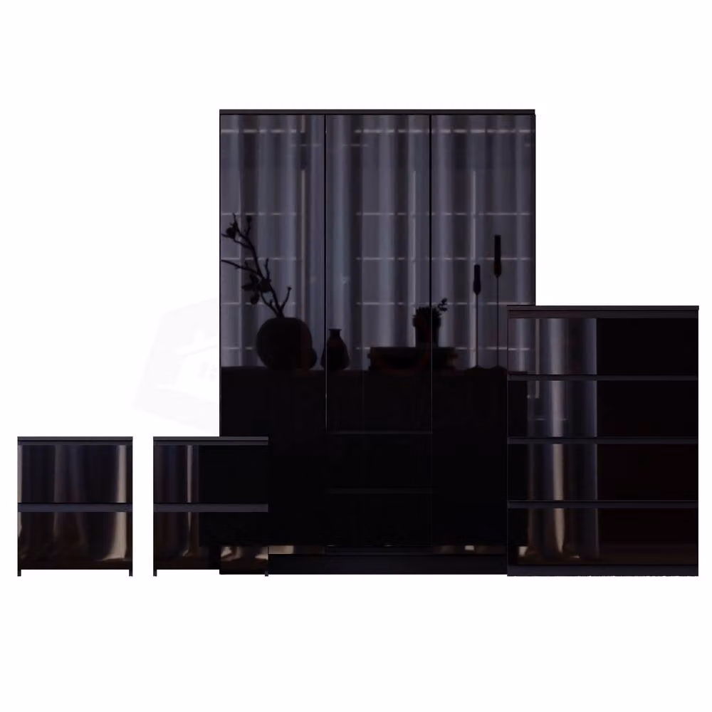 Vida Designs Glinton 4 Piece Black Glossy Bedroom Set Including 2 Bedside Tables, 4 Drawer Chest and Wardrobe – 2