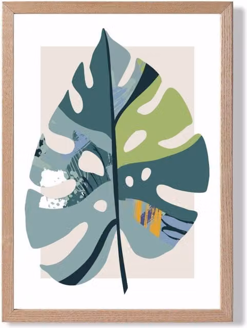 ARTZE Monstera Leaf Mid Century Modern Botanical Framed Print in Petrol, Green and Purple with Oak Frame, A3
