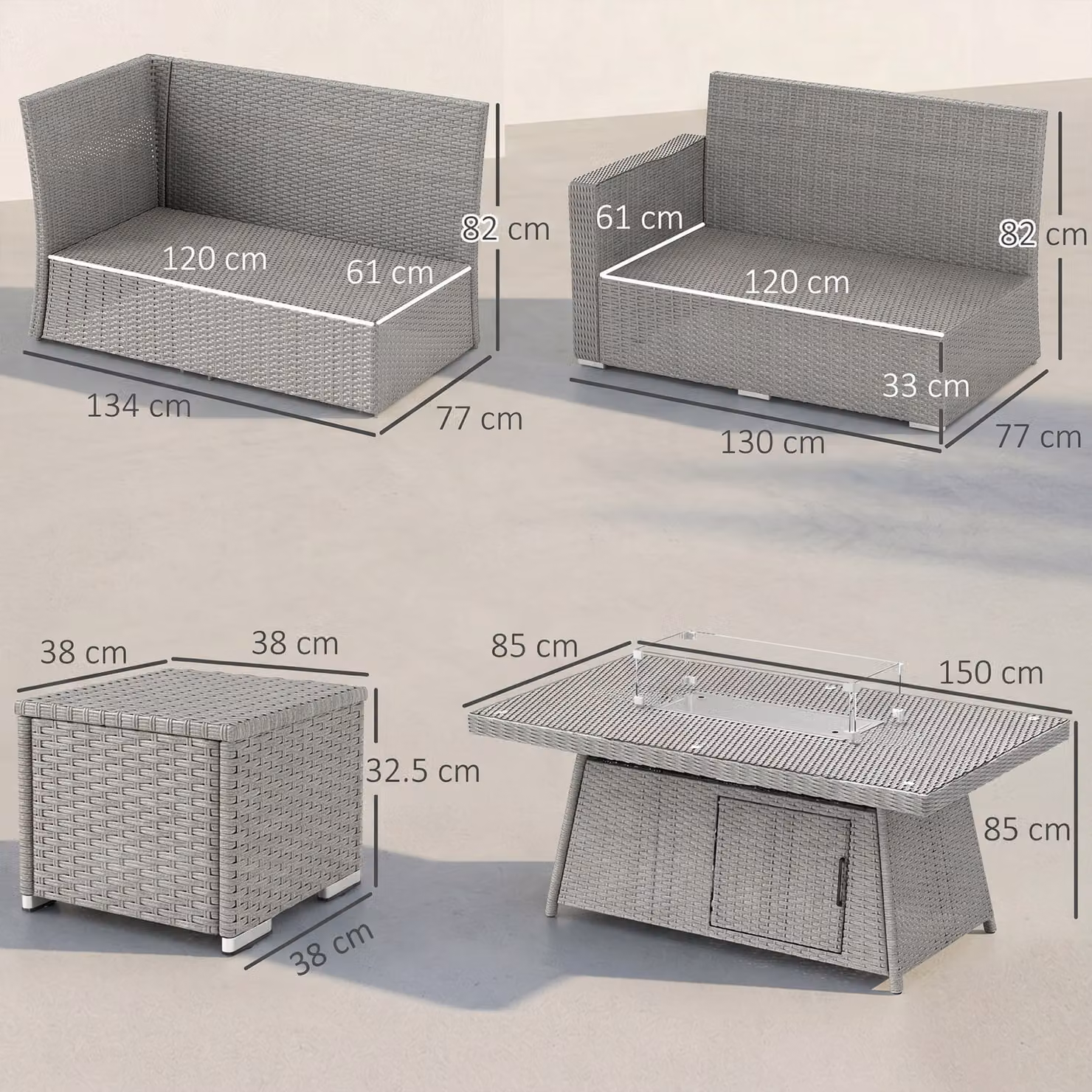 Outsunny 7 Piece Grey PE Rattan Garden Furniture Set with 50,000 BTU Gas Fire Pit Table, Double Corner Sofa and 3 Footstools – 2