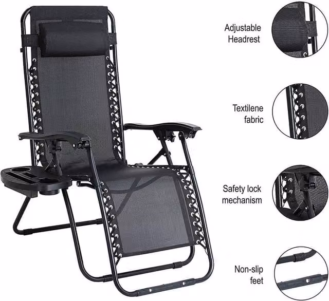 EONLION Zero Gravity Reclining Sun Lounger in Black with Textilene Fabric and Powder Coated Steel Frame
