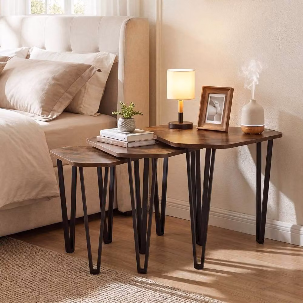 KORVIXA Modern Brown Wooden Stacking End Table Set of 3 with Nested Tops and Square Rounded Design – 3