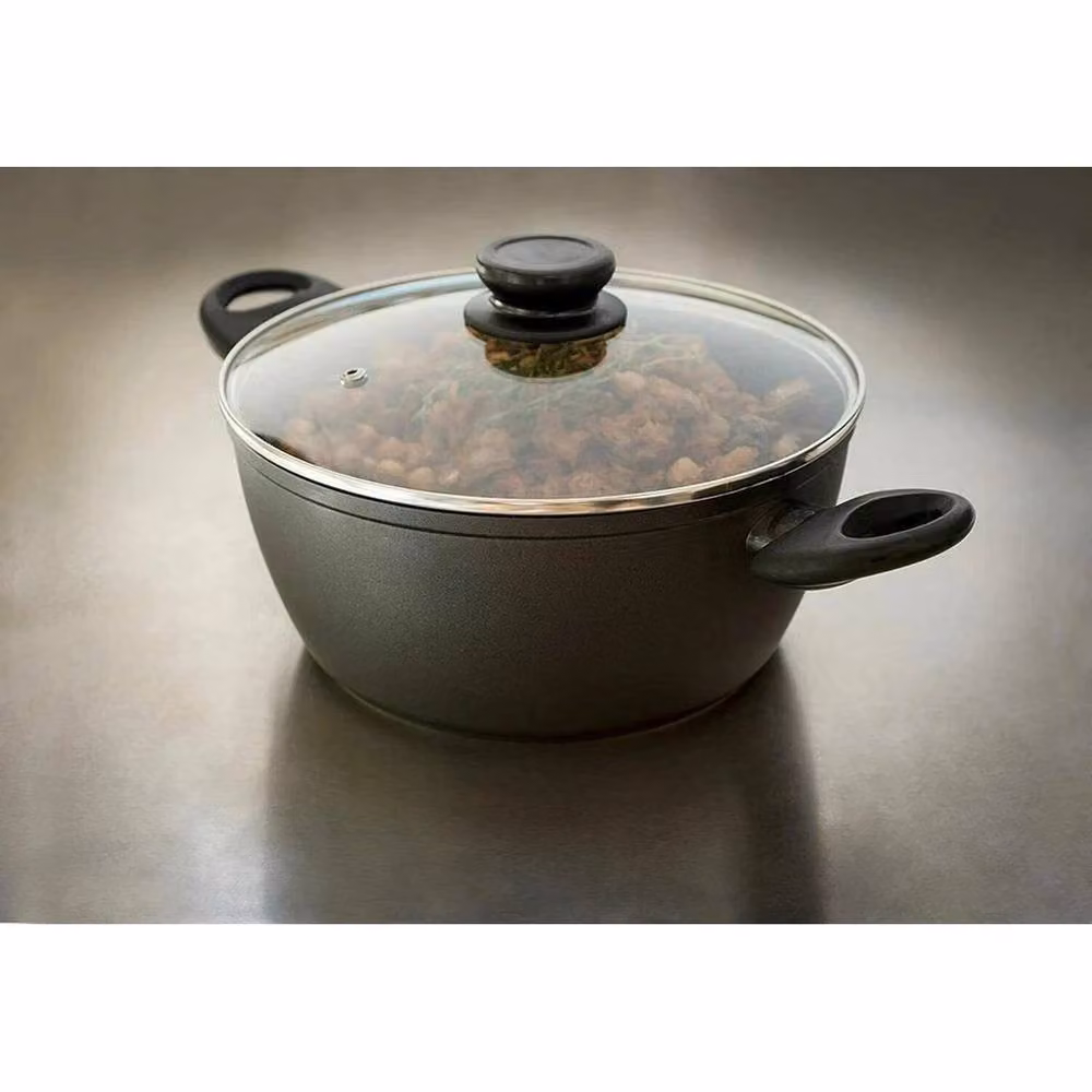 VOGREX Black Die-Cast Non-Stick Deep Stock Pot with Glass Lid, Diameter: 24 cm – 3