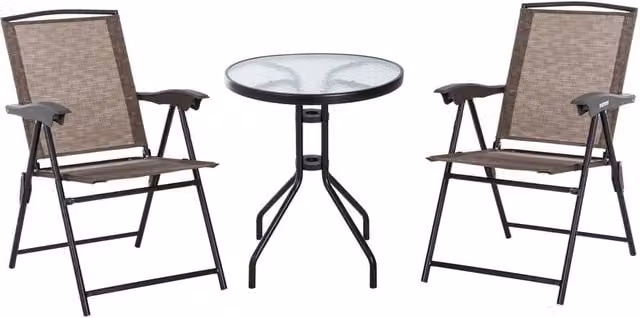 ERGOVEXA 3 Piece Brown Outdoor Bistro Set with Round Glass Top and Powder Coated Steel Frame – 1