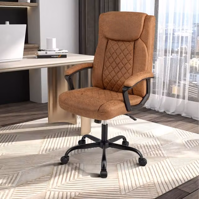 COSTWAY Modern Executive Office Chair with Armrests in Brown Synthetic Leather