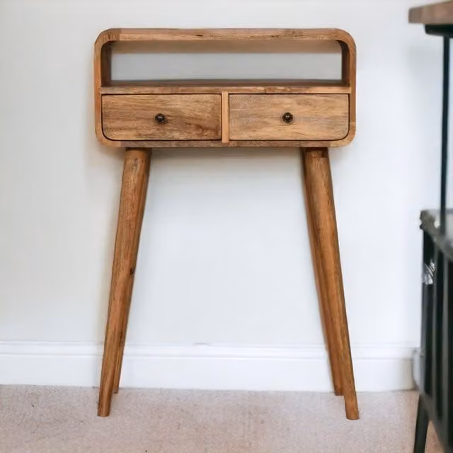 Aosom UK Mid-Century Mango Wood Narrow Console Table and Bedside Cabinet with 2 Drawers and Open Slot, Brown, W: 60 cm, D: 30 cm, H: 90 cm
