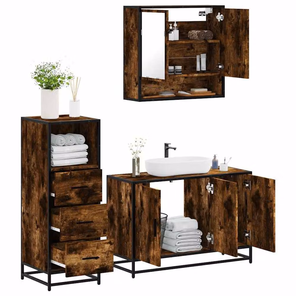 Berkfield Home 3 Piece Industrial Bathroom Furniture Set in Brown Smoked Oak – 2
