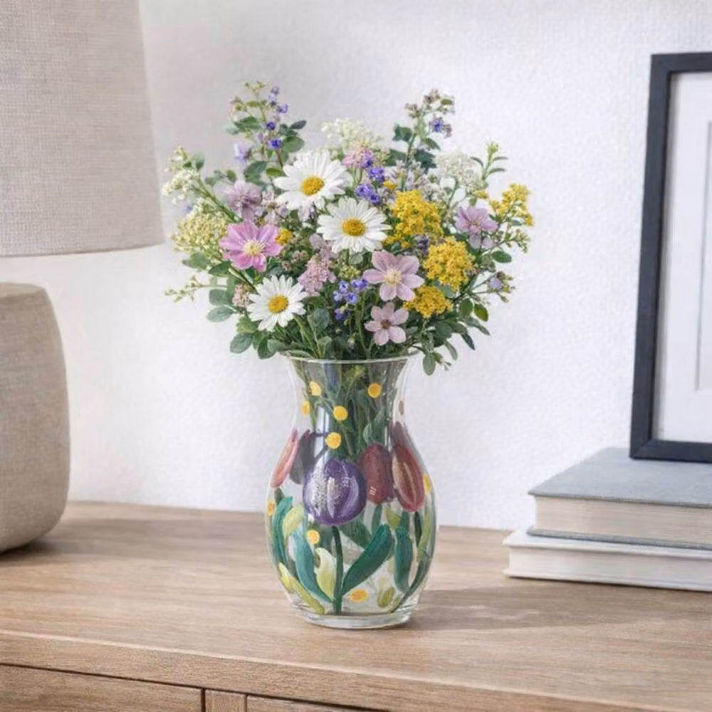 Lesser & Pavey Hand Painted Glass Lynsey Johnstone Tulips Floral Vase in Multicolour and Pink, H 17.0 cm x W 11.0 cm x D 11.0 cm – 2