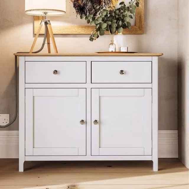 Taberno Modern 2 Door 2 Drawer Sideboard with Oak Effect Top in Cream Linen