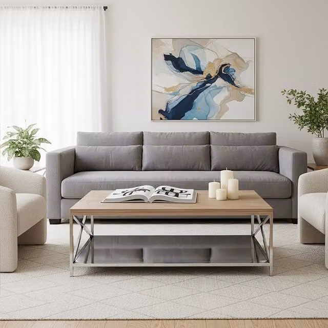 Orsina Modern Rectangular Oak Wood Coffee Table with Silver Metal X-Frame, W/D/H: 120 x 40 x 70 cm – 2