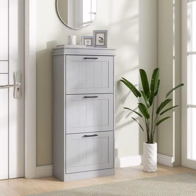 HOMCOM Narrow Grey Minimalist Shoe Cabinet with Tilting Compartments and Internal Shelves