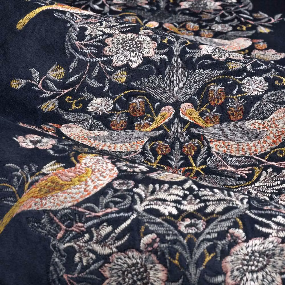 Morris & Co. Strawberry Thief Embroidered Velvet Pencil Pleat Curtains, Indigo, Width: 117 cm, Drop: 137 cm – 5