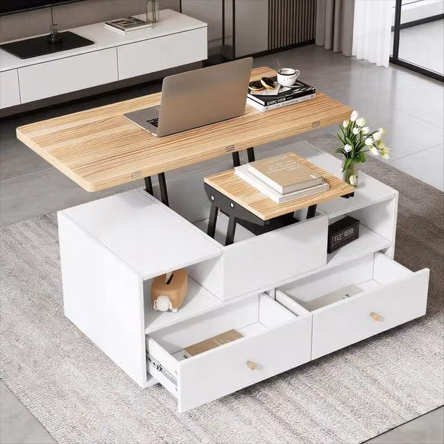 BTM Lift Top Coffee Table with Castors and Height Adjustment, White and Brown
