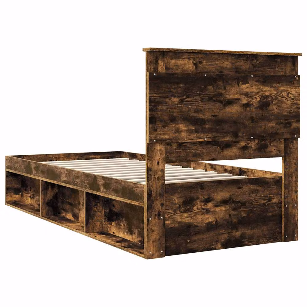 Berkfield Home Modern Bed Frame with Headboard in Smoked Oak and Brown Solid Pine Wood, W/D/H: 90 x 200 cm – 6