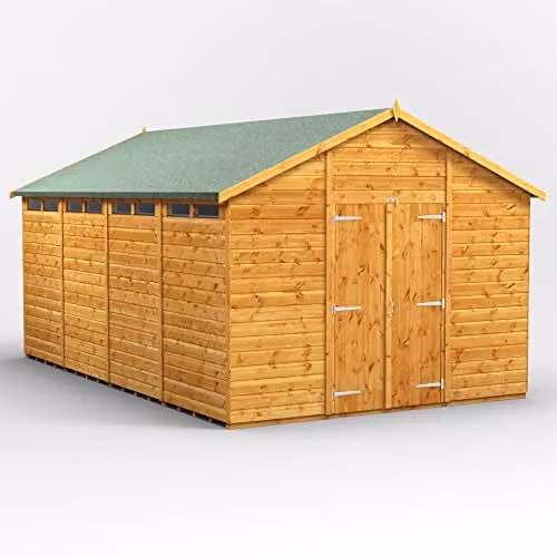 Powersheds Premium Apex Wooden Security Shed in Brown with Double Doors, PVC Window Sills and Toughened Glass