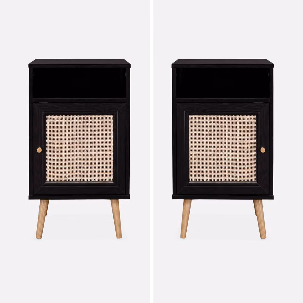 sweeek Scandi-style Bedside Table with Drawer in Black and Rattan Wood – 3