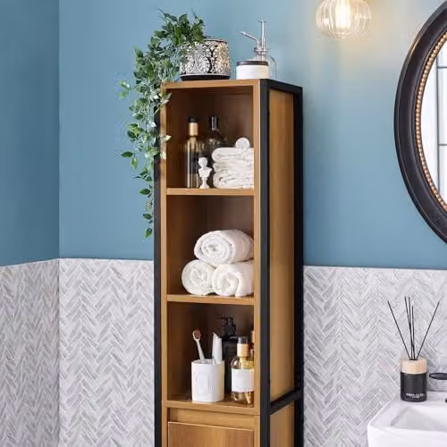 SoBuy Tall Slim Bathroom Storage Cabinet in Brown and Black, Freestanding Industrial Style Unit with Hinged Doors and Internal Shelves, W/D/H: 30 x 28 x 168 cm – 7