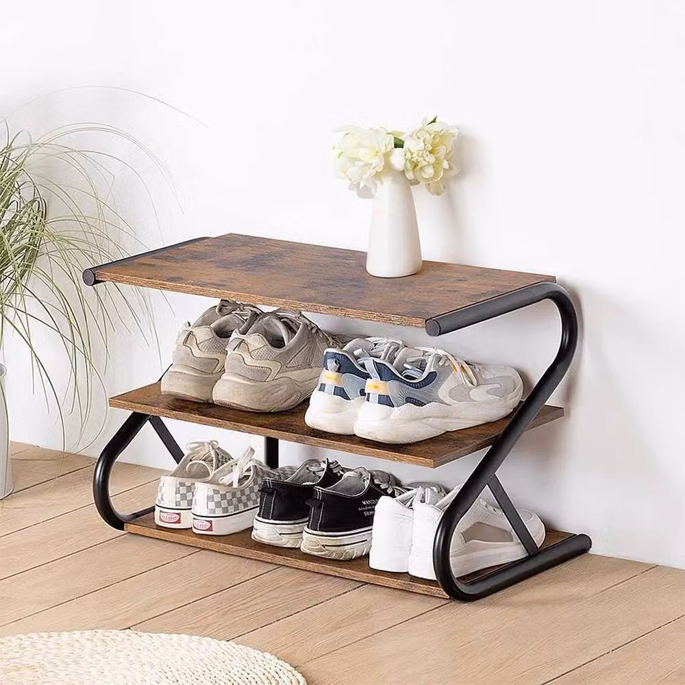 KORVIXA 3-Tier Industrial Metal and Wood Shoe Rack in Brown, W: 100 cm, D: 40 cm, H: 60 cm – 3