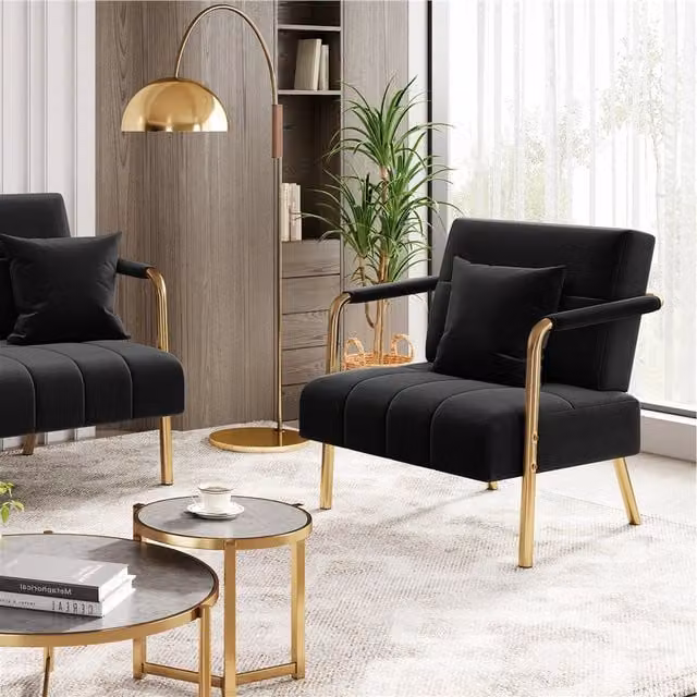 Yaheetech Velvet Accent Armchair with Pillow in Black and Gold
