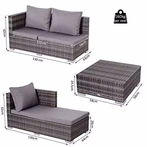 Outsunny 4-Seater L-Shape Rattan Garden Furniture Set with Coffee Table and Upholstered Cushions in Grey – 6