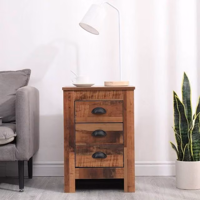 FORGEVIO Rustic Brown Wooden 3 Drawer Bedside Nightstand Cabinet W/D/H: 35 x 40 x 58 cm – 1