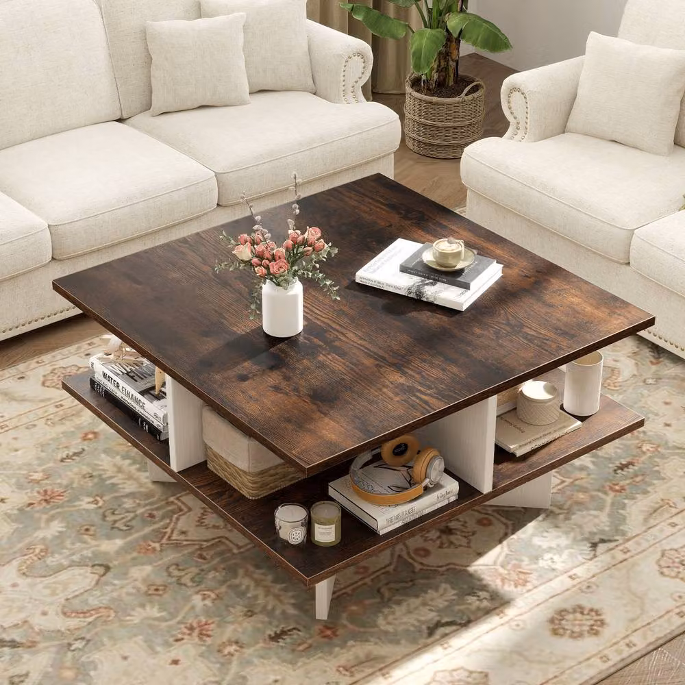 Gymax 2-Tier Square Coffee Table in Dark Brown, W/D/H: 60 x 60 x 33 cm – 3