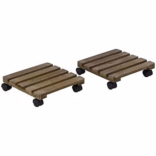 Outsunny 2 Pack Wooden Plant Caddy with Wheels in Brown, W/D/H: 30 x 30 x 7 cm – 1