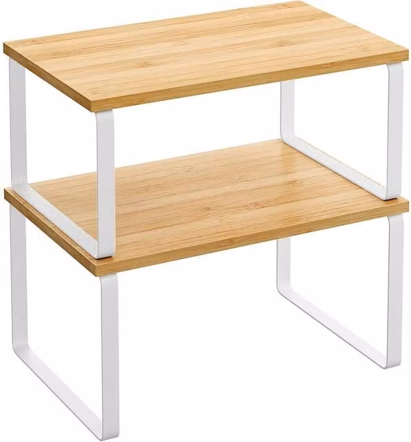 FORGEVIO Set of 2 Expandable White and Multicolour Wood Cupboard Shelf Kitchen Organisers